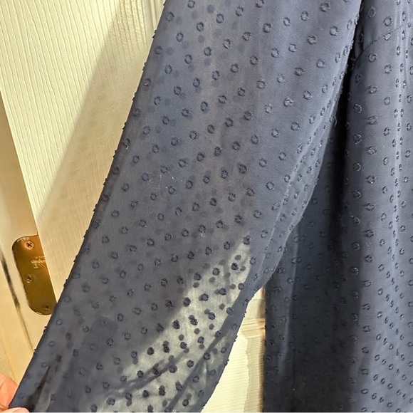 Talbots PM tunic blouse, navy w/Swiss dots, sheer sleeves, spring, office - Picture 5 of 7
